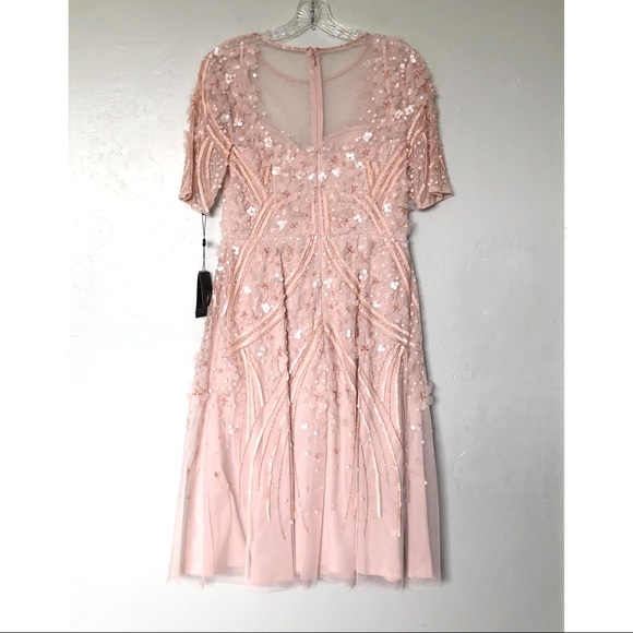 Adrianna Papell 3D Floral Embellishments Midi Cocktail Dress in Shell/Pink - Picture 2 of 14